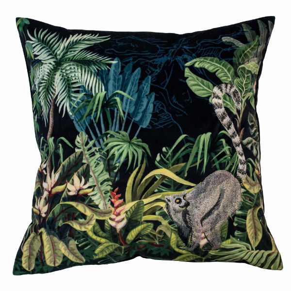 EMB LEMUR ON BLACK VELVET CUSHION 45 X 45