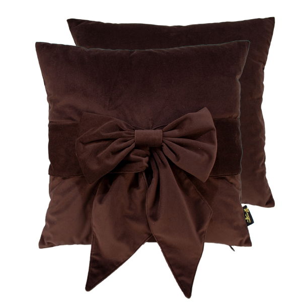 VELV CUSHION WITH BOW CHOC 45 X 45